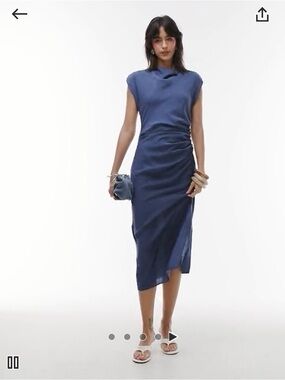 Mango Petrol Blue Cap-Sleeve Midi Dress